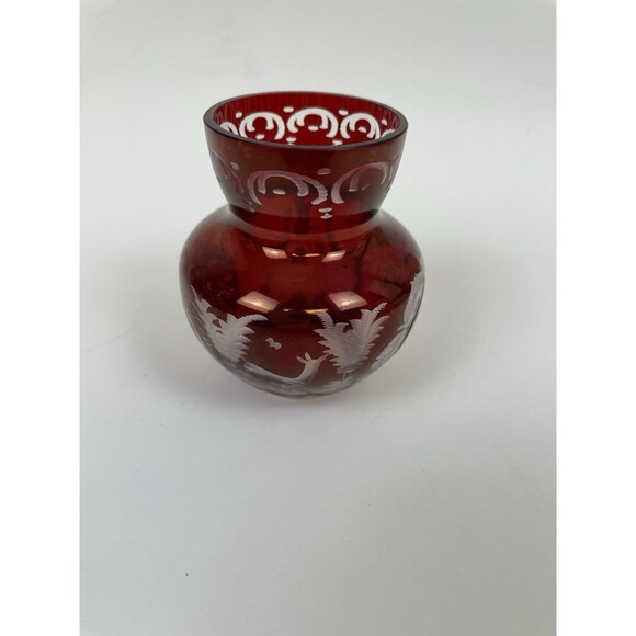 Vintage Egermann Czech Ruby Red Cut to Clear Etched Glass Mini Vase 3" - Picture 4 of 14